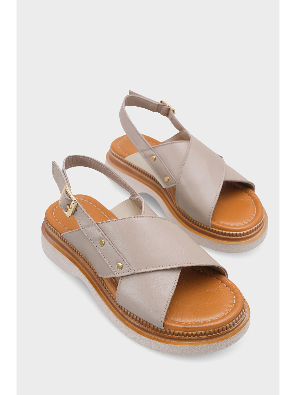 Bej Katy Hakiki Deri Soft Konfor Dolgu Topuk Kadın Sandalet-1