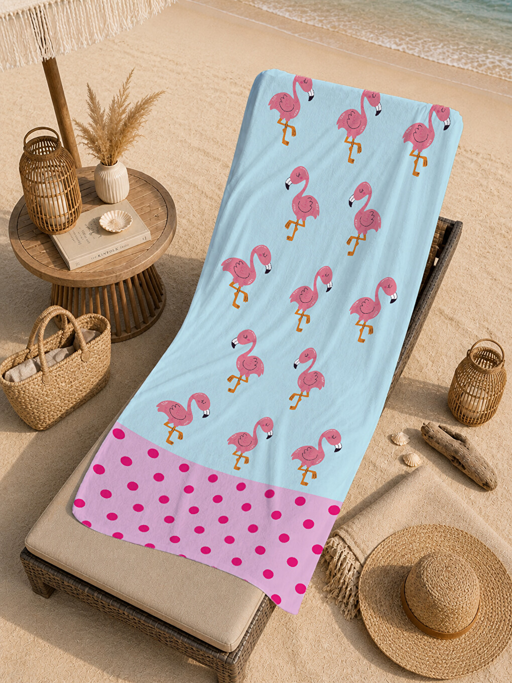Açık Mavi Pembe Flamingo Ve Puantiye Desenli 70x150 Cm Dijital Baskılı Plaj Ve Banyo Havlusu-4