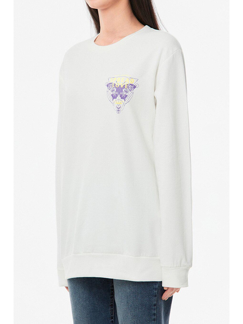 Ekru Baskılı Bisiklet Yaka Kız Çocuk Sweatshirt-3