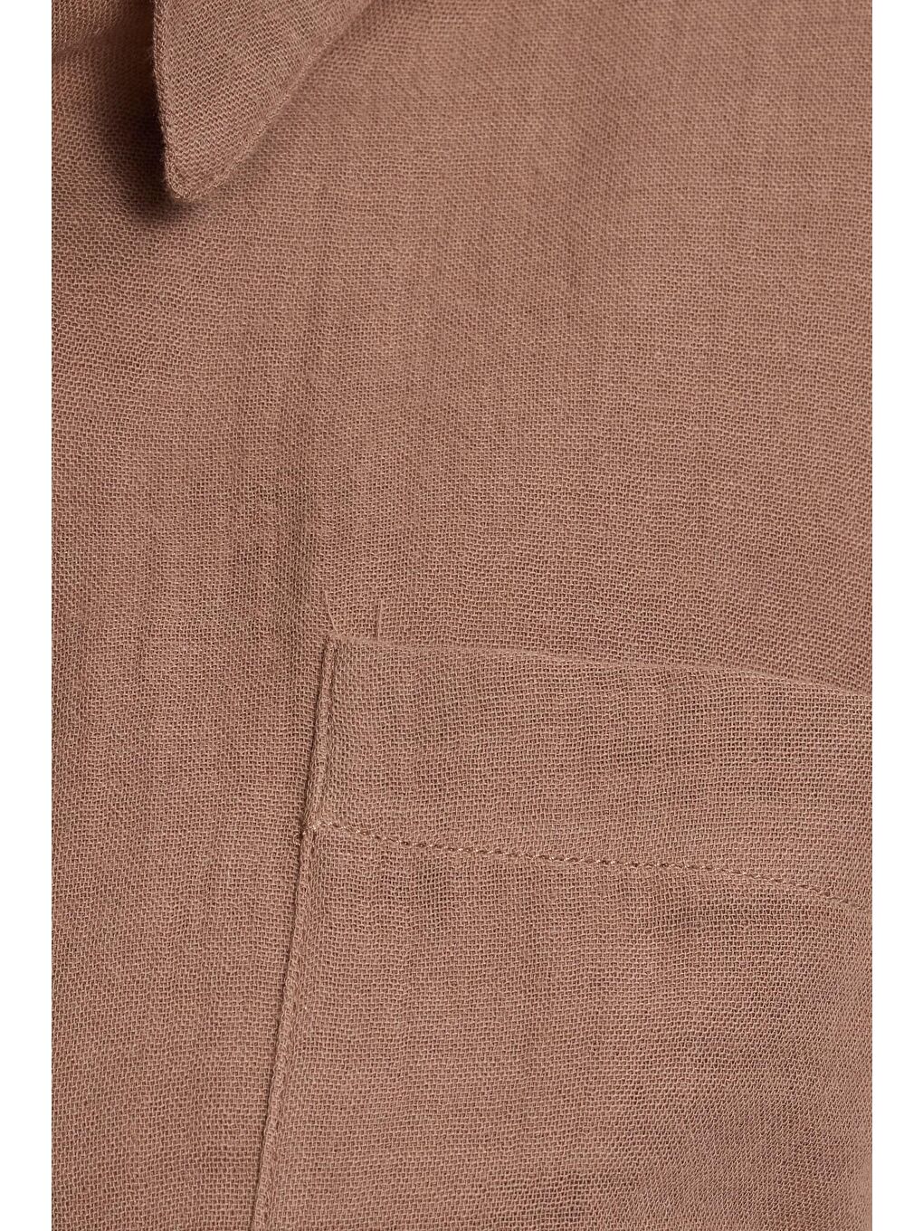 Kadın Oversize Geniş Kesim %100 Pamuk Müslin Kumaş Uzun Kollu Cepli Dokulu Kahverengi Gömlek-5