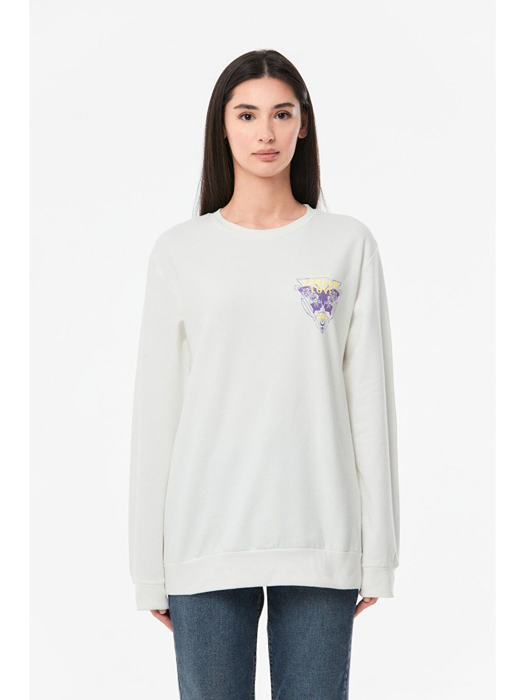 Ekru Baskılı Bisiklet Yaka Kız Çocuk Sweatshirt-4