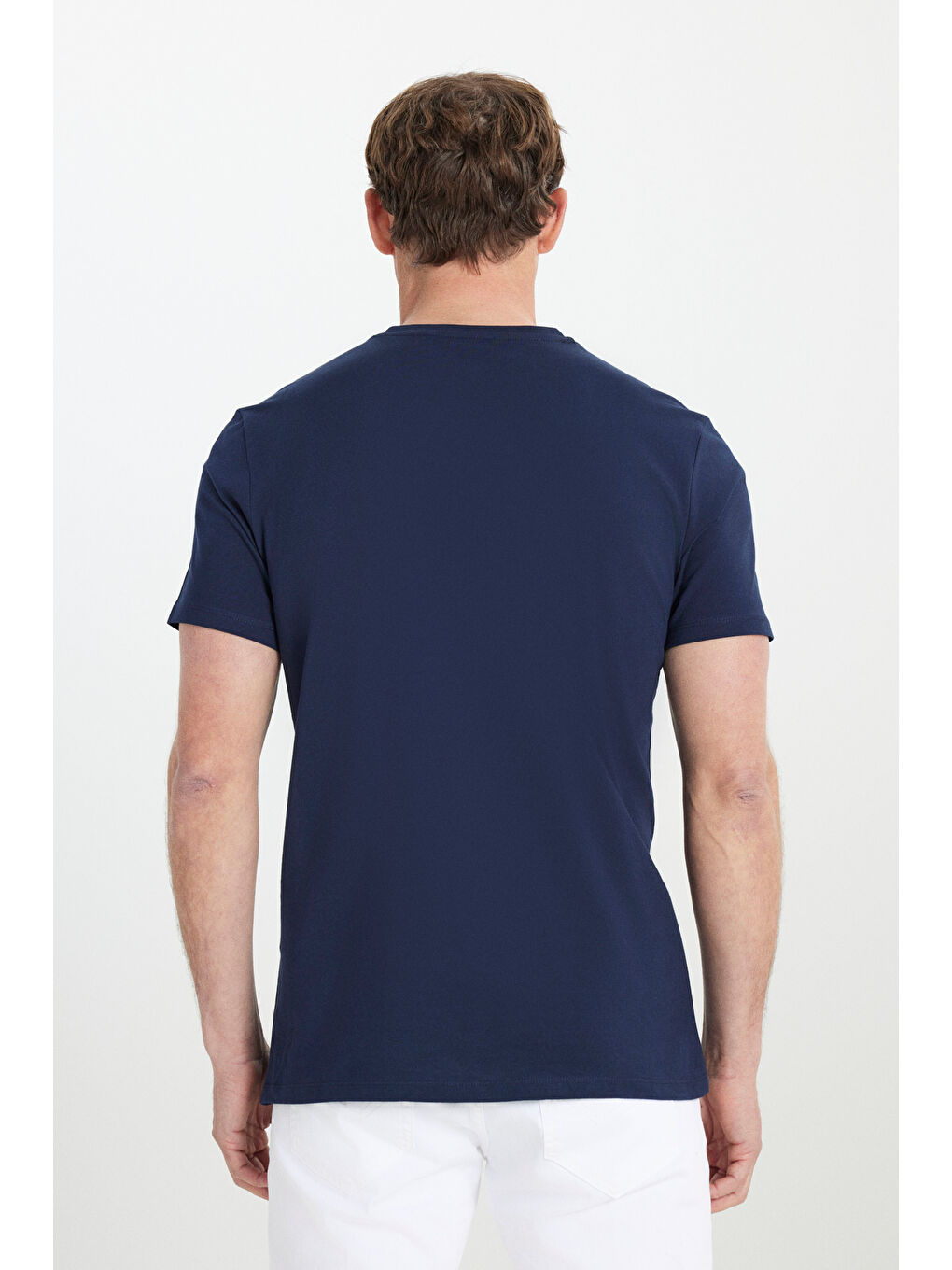 Erkek Lacivert Slim Fit Dar Kesim V Yaka Pamuklu V Yaka Kısa Kollu %100 Pamuk Tişört-4