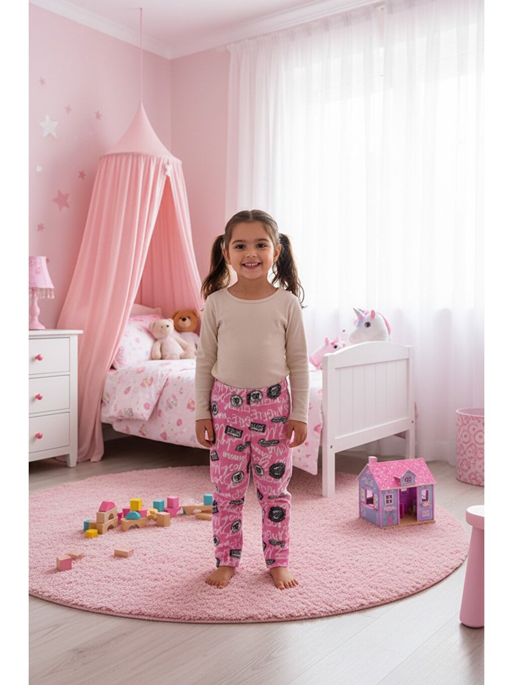 Fuşya Yazı Desenli Beli Lastikli Kız Çocuk Polar Pijama Altı