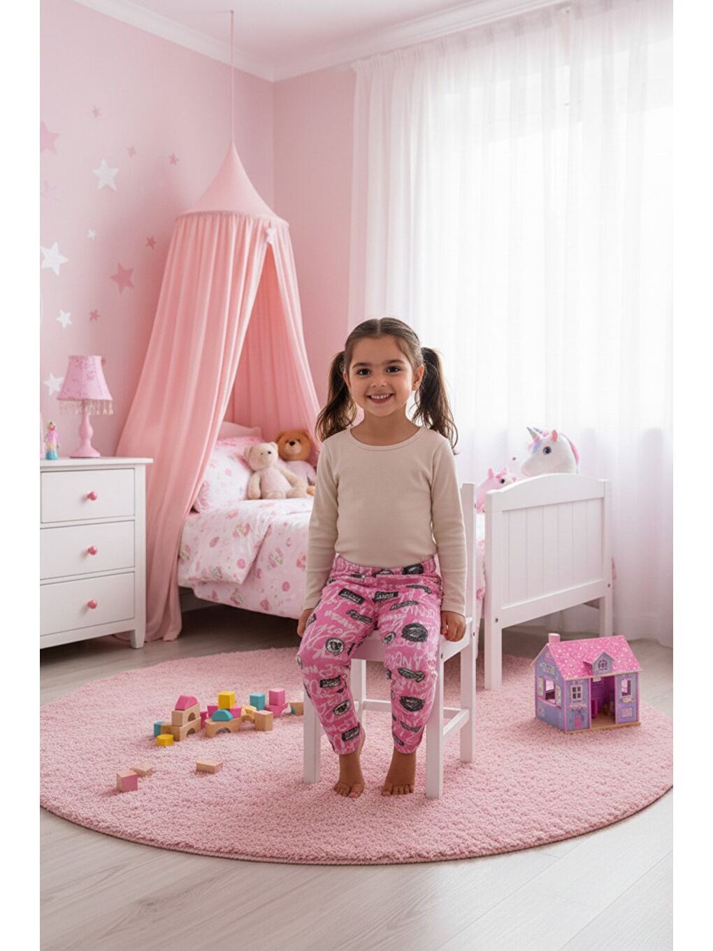 Fuşya Yazı Desenli Beli Lastikli Kız Çocuk Polar Pijama Altı-1