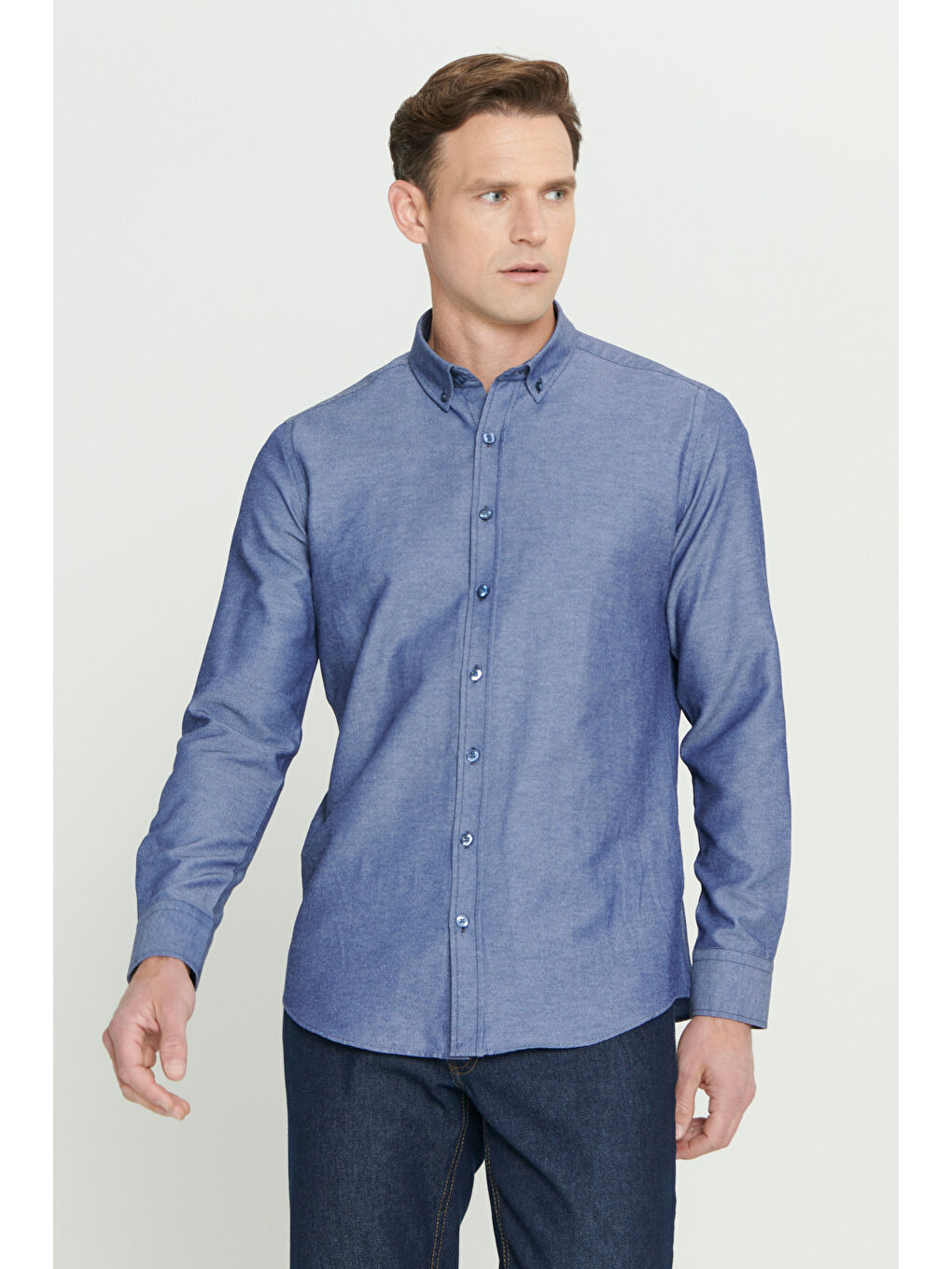 Erkek Lacivert Tailored Slim Fit Dar Kesim Düğmeli Yaka Oxford Gömlek-5