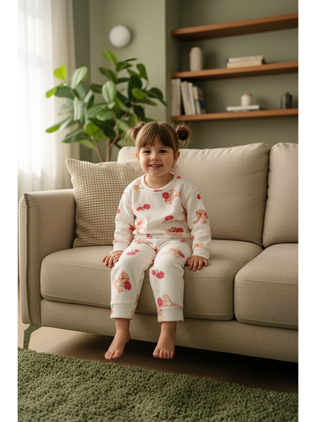 Ekru Ev Desenli Polar Unisex Çocuk Pijama Takımı-1