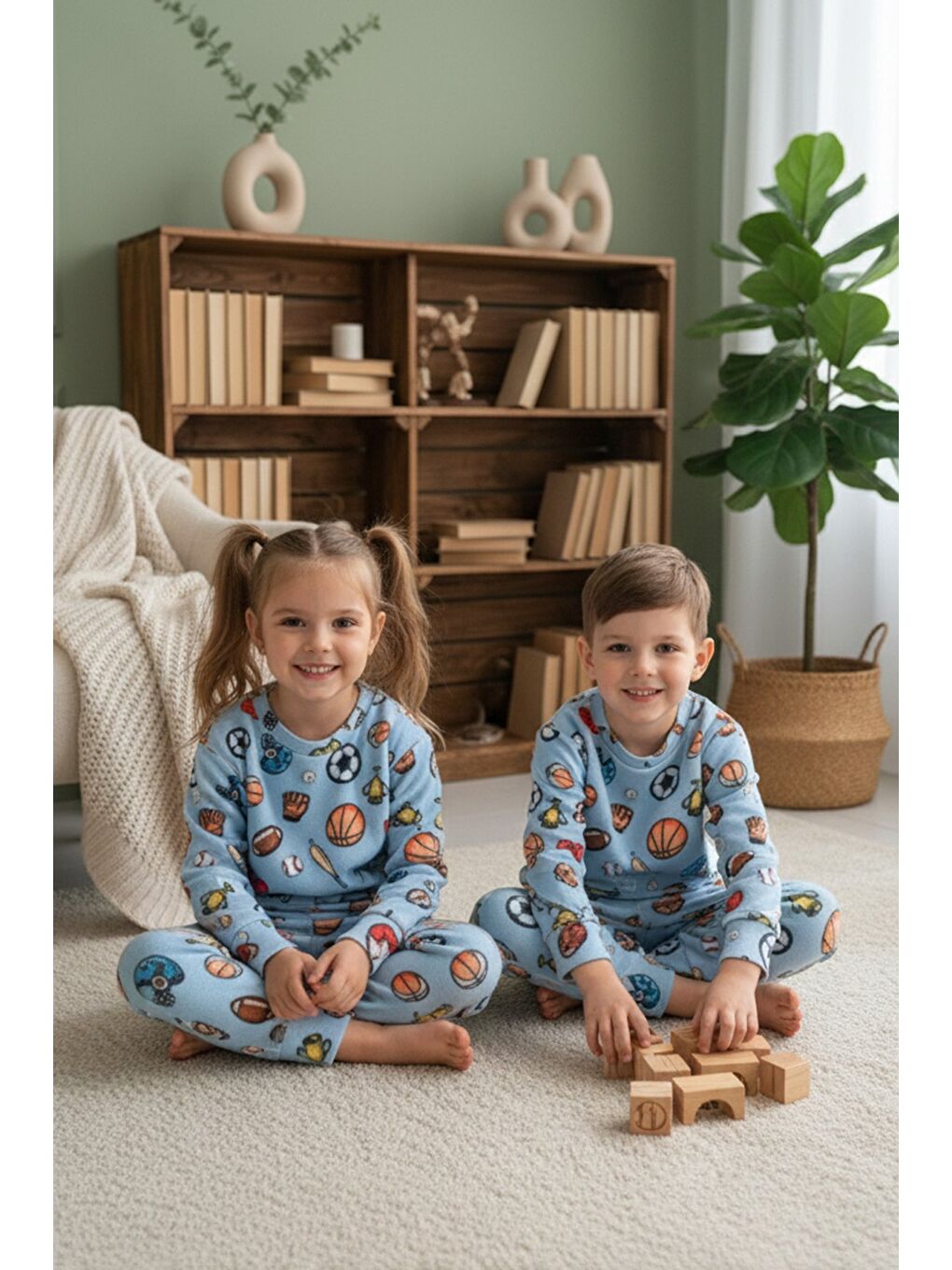 Mavi Kalp Desenli Polar Unisex Çocuk Pijama Takımı-1