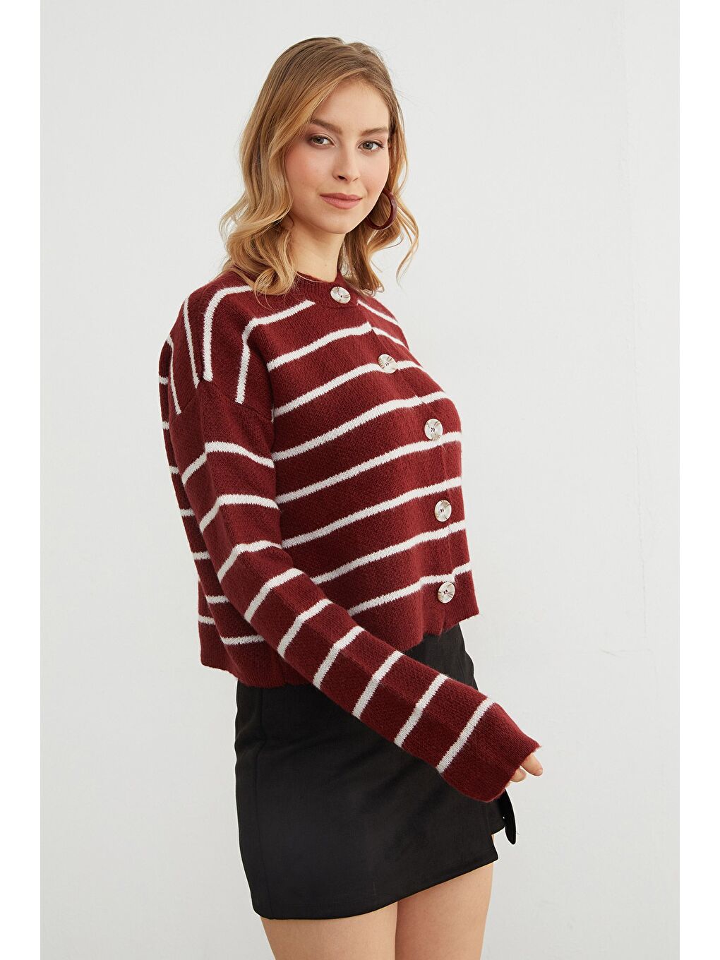 Bordo Çizgili Düğmeli Triko Hırka-4