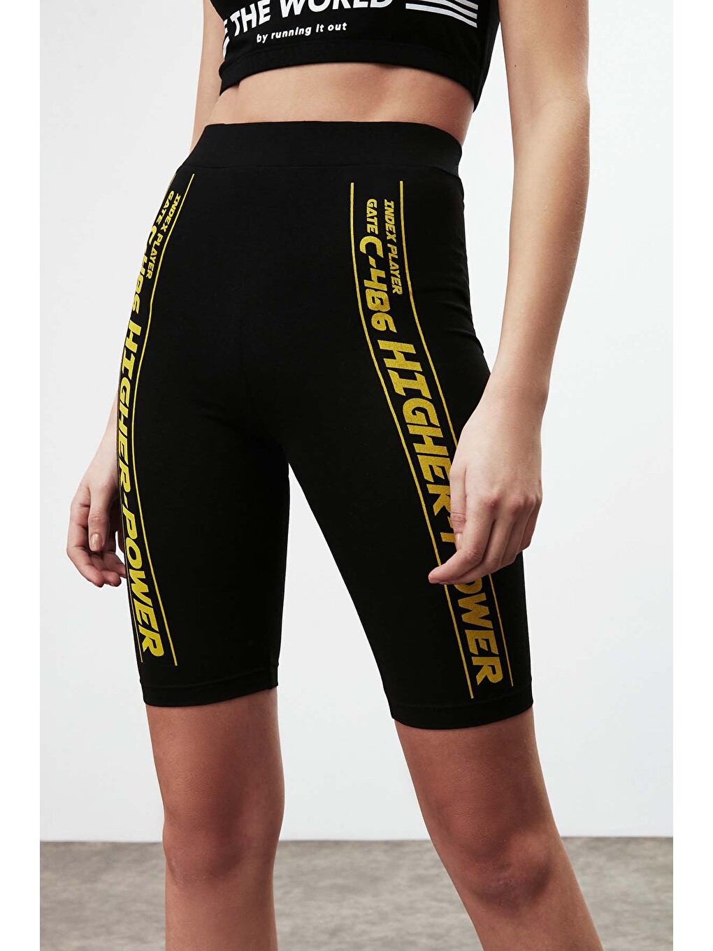 Force Kadın Slogan Baskı Detaylı Diz Üstü Spor Slim Fit Siyah Tayt