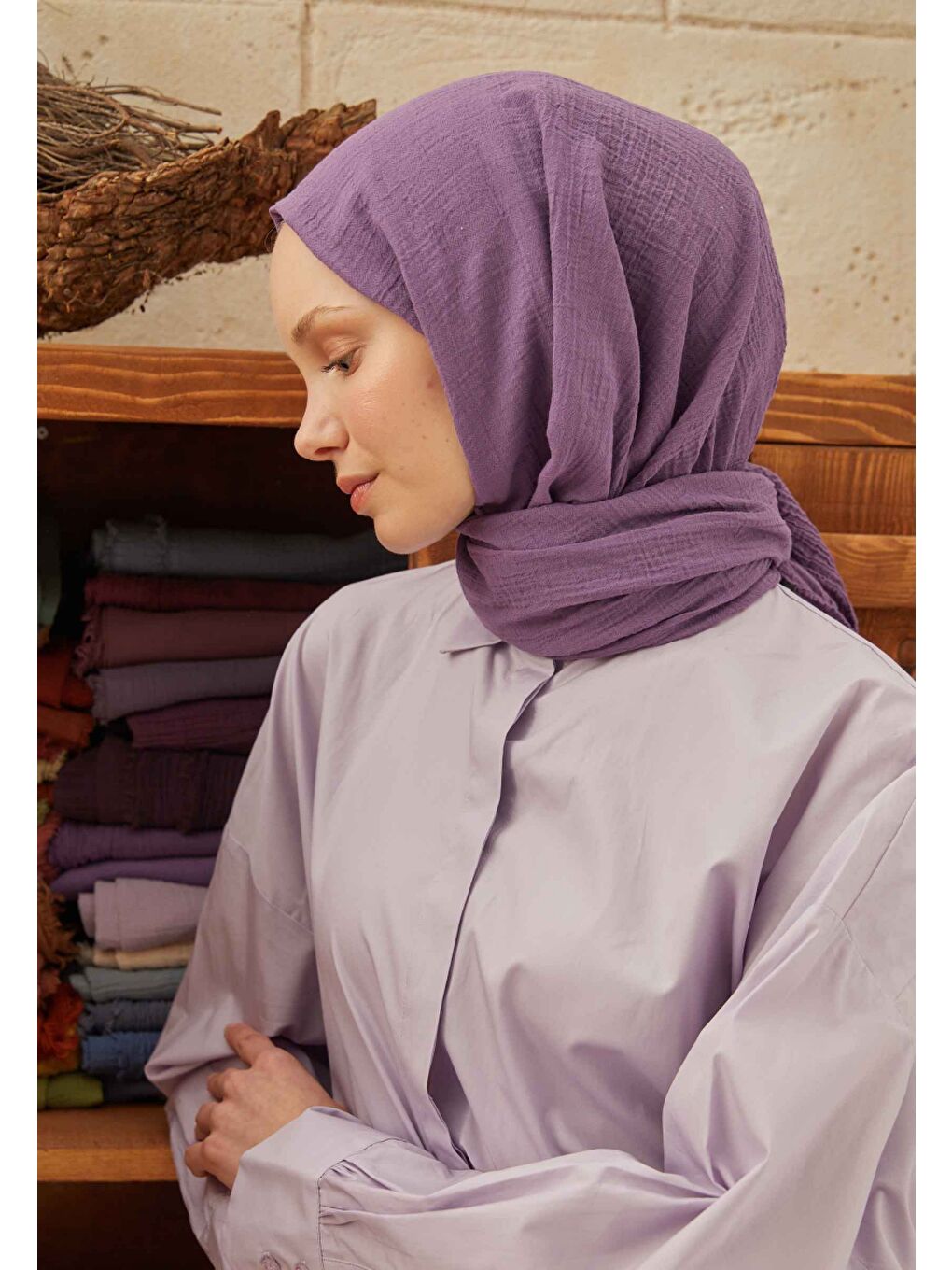 Lila Organik Pamuk Şal Lavanta-1