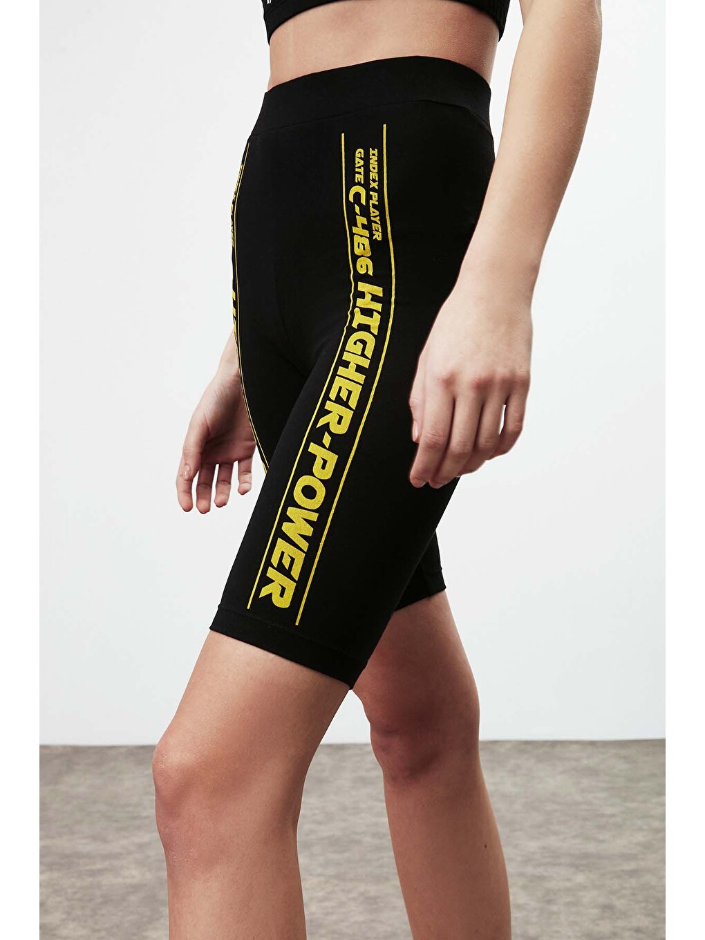 Force Kadın Slogan Baskı Detaylı Diz Üstü Spor Slim Fit Siyah Tayt-1