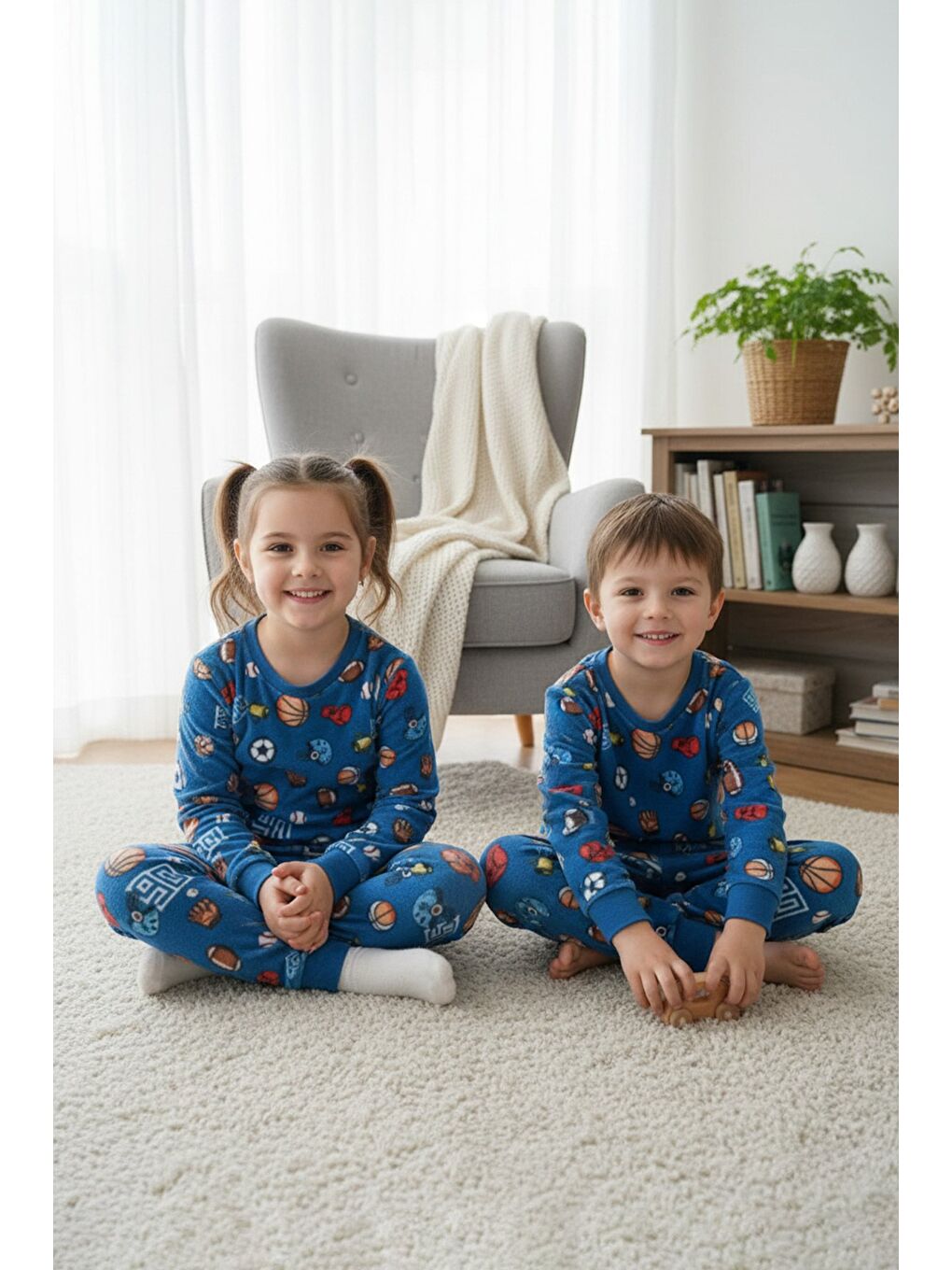 Mavi Ev Desenli Polar Unisex Çocuk Pijama Takımı-1