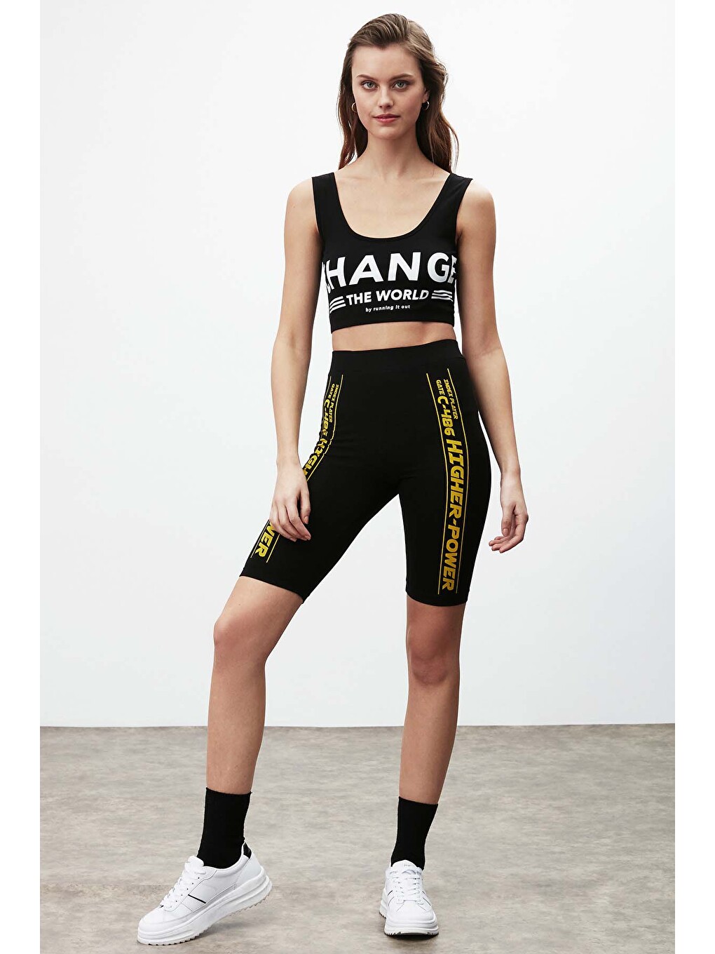 Force Kadın Slogan Baskı Detaylı Diz Üstü Spor Slim Fit Siyah Tayt-2
