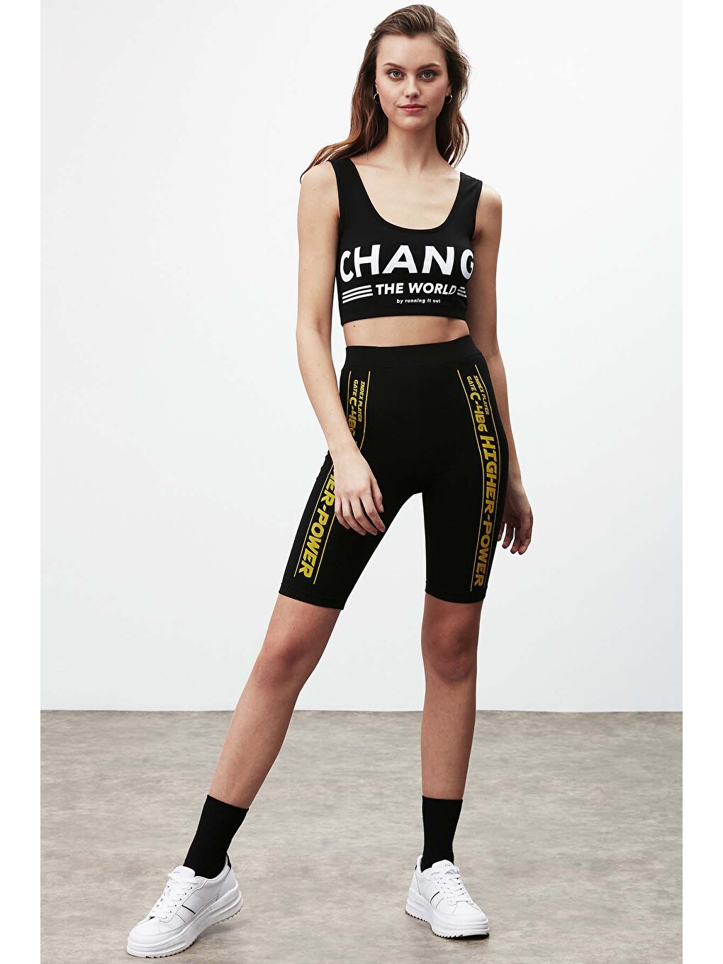 Force Kadın Slogan Baskı Detaylı Diz Üstü Spor Slim Fit Siyah Tayt-4