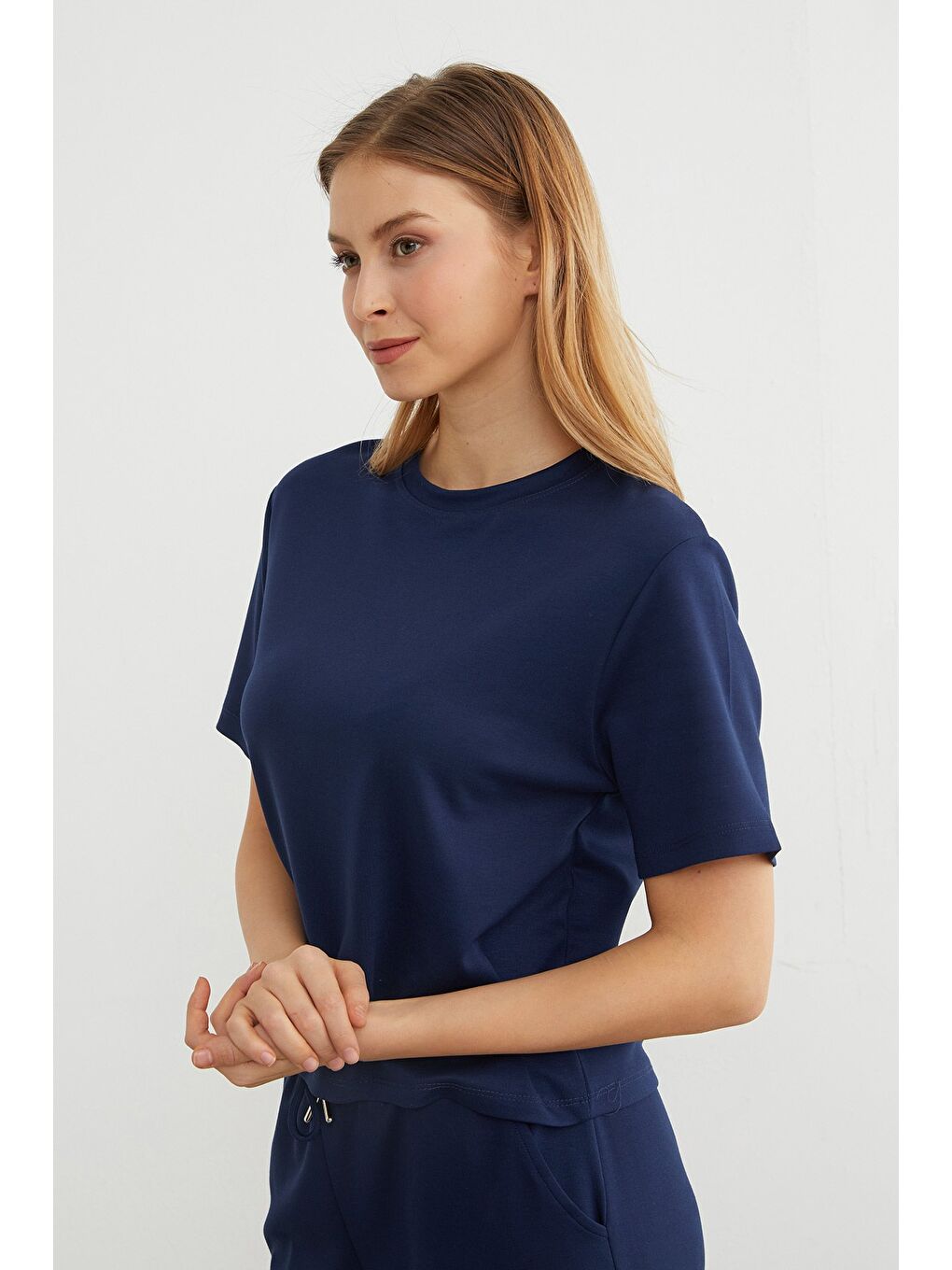 Lacivert Basic Bisiklet Yaka Modal Tişört-4