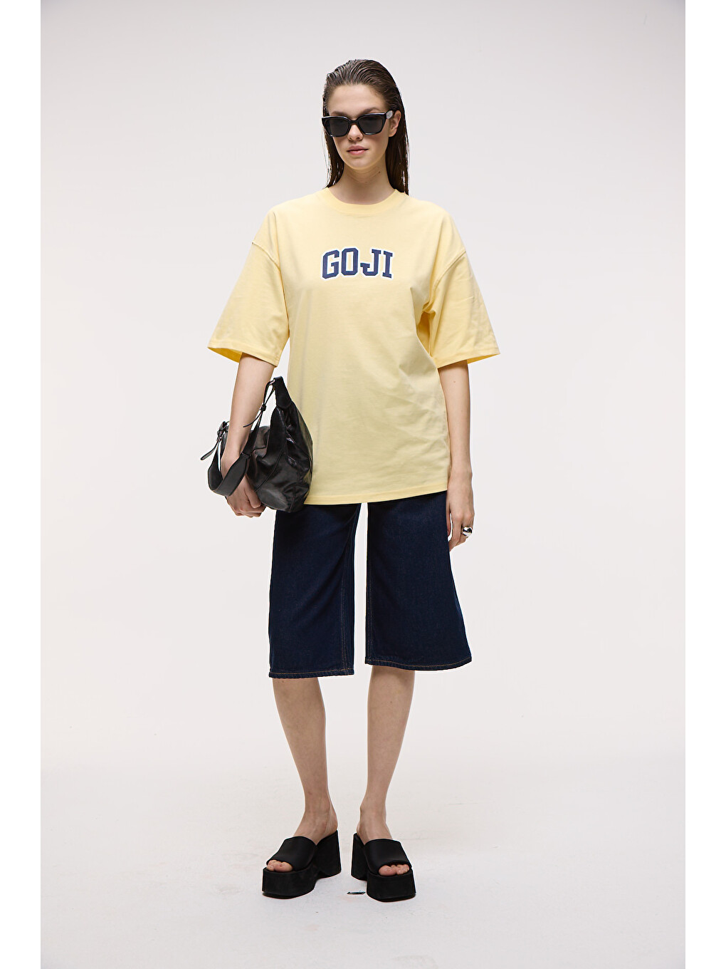 Gojı Kadın %100 Pamuk Baskılı Oversize Fit Bisiklet Yaka Kısa Kollu Sarı T-shirt