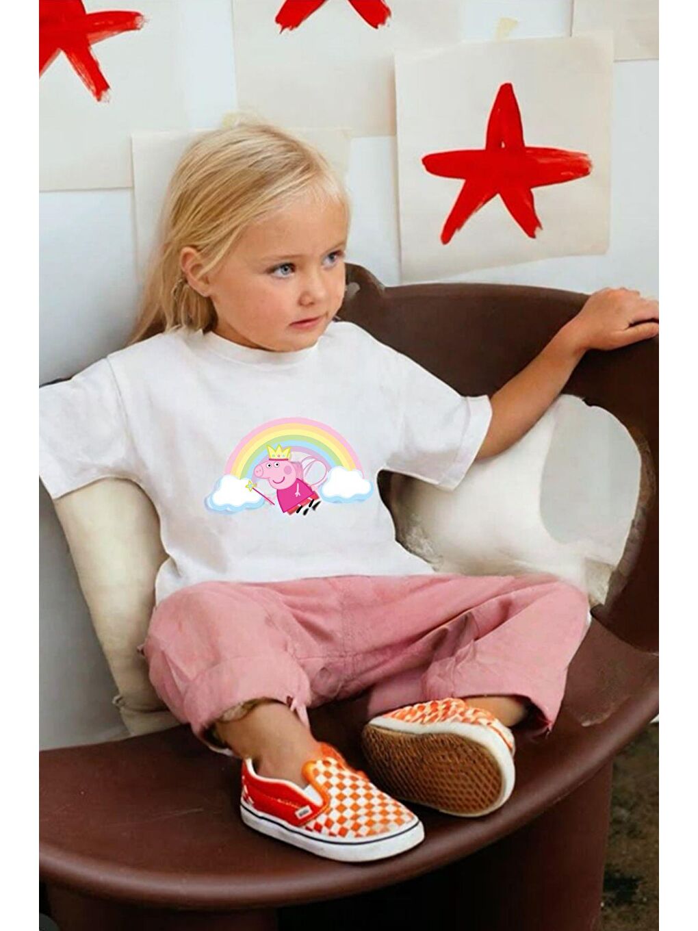 Ekru Kız Çocuk Peppa Baskılı Bisiklet Yaka Tshirt-1