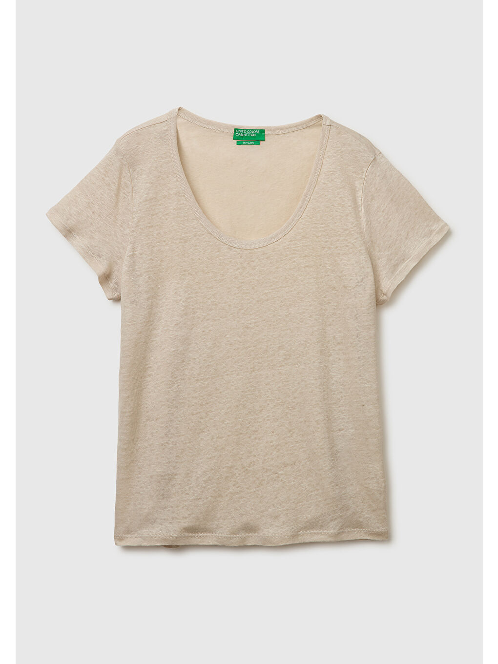 Bej Kadın Taş %100 Keten Geniş Yaka Kısa Kollu T-Shirt