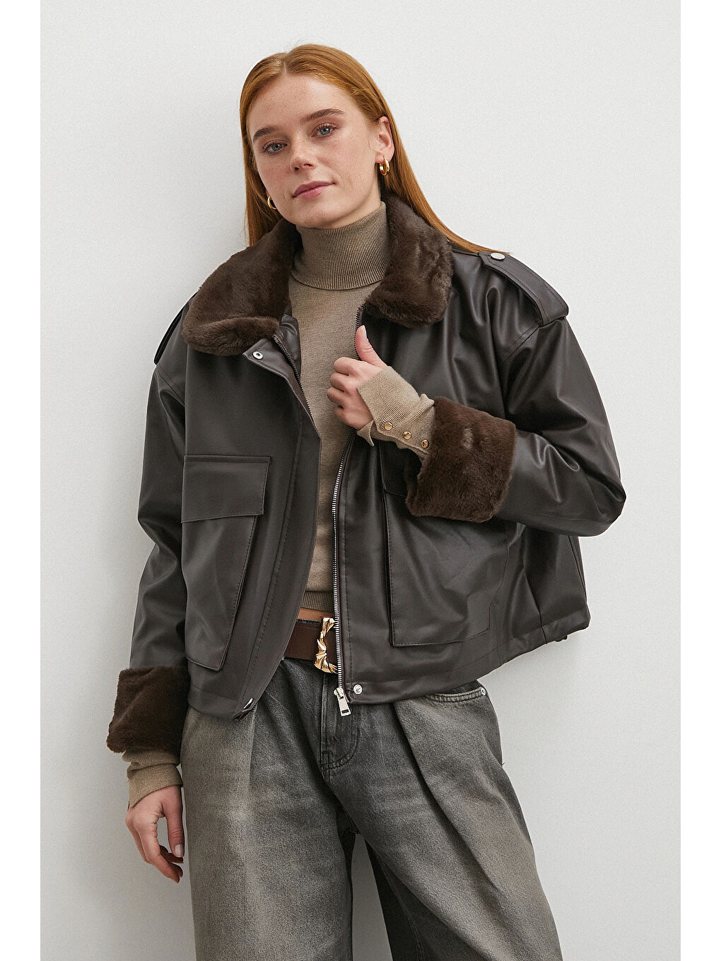 Karışık Kürk Detaylı Cepli Deri Mont Kahve