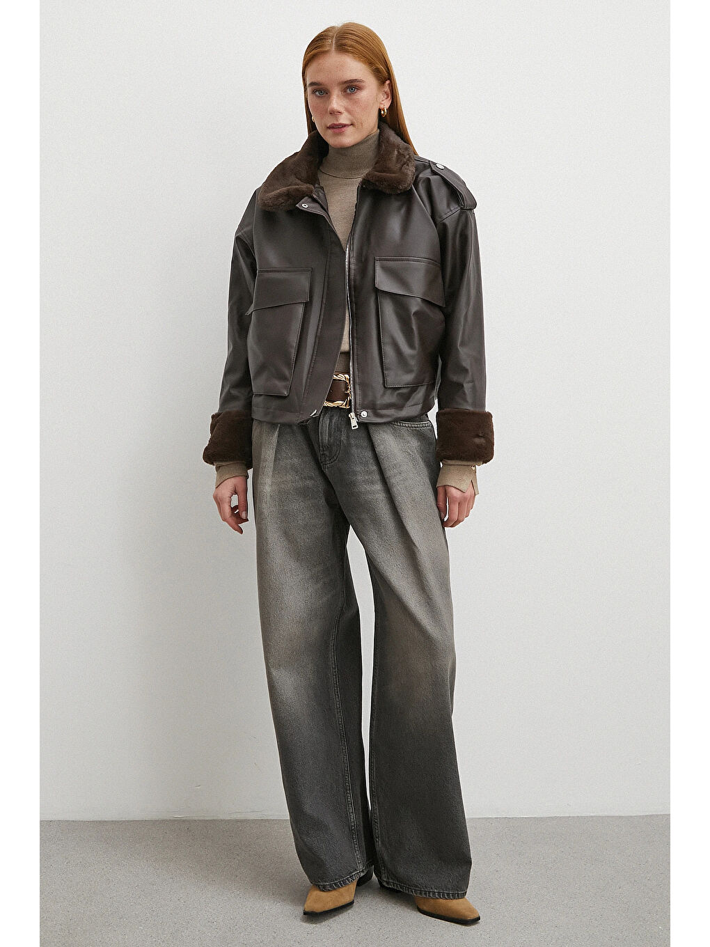 Karışık Kürk Detaylı Cepli Deri Mont Kahve-1