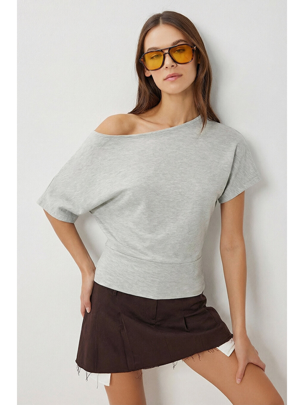 Gri Açık Omuzlu Modal Bluz GRİ MELANJ LBY0048