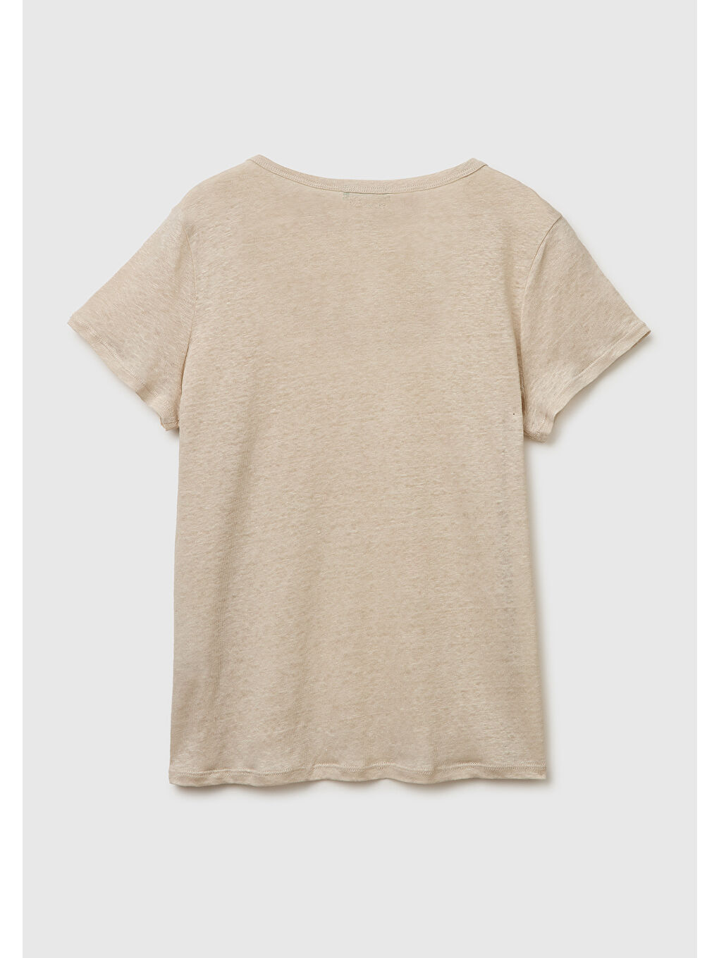 Bej Kadın Taş %100 Keten Geniş Yaka Kısa Kollu T-Shirt-1