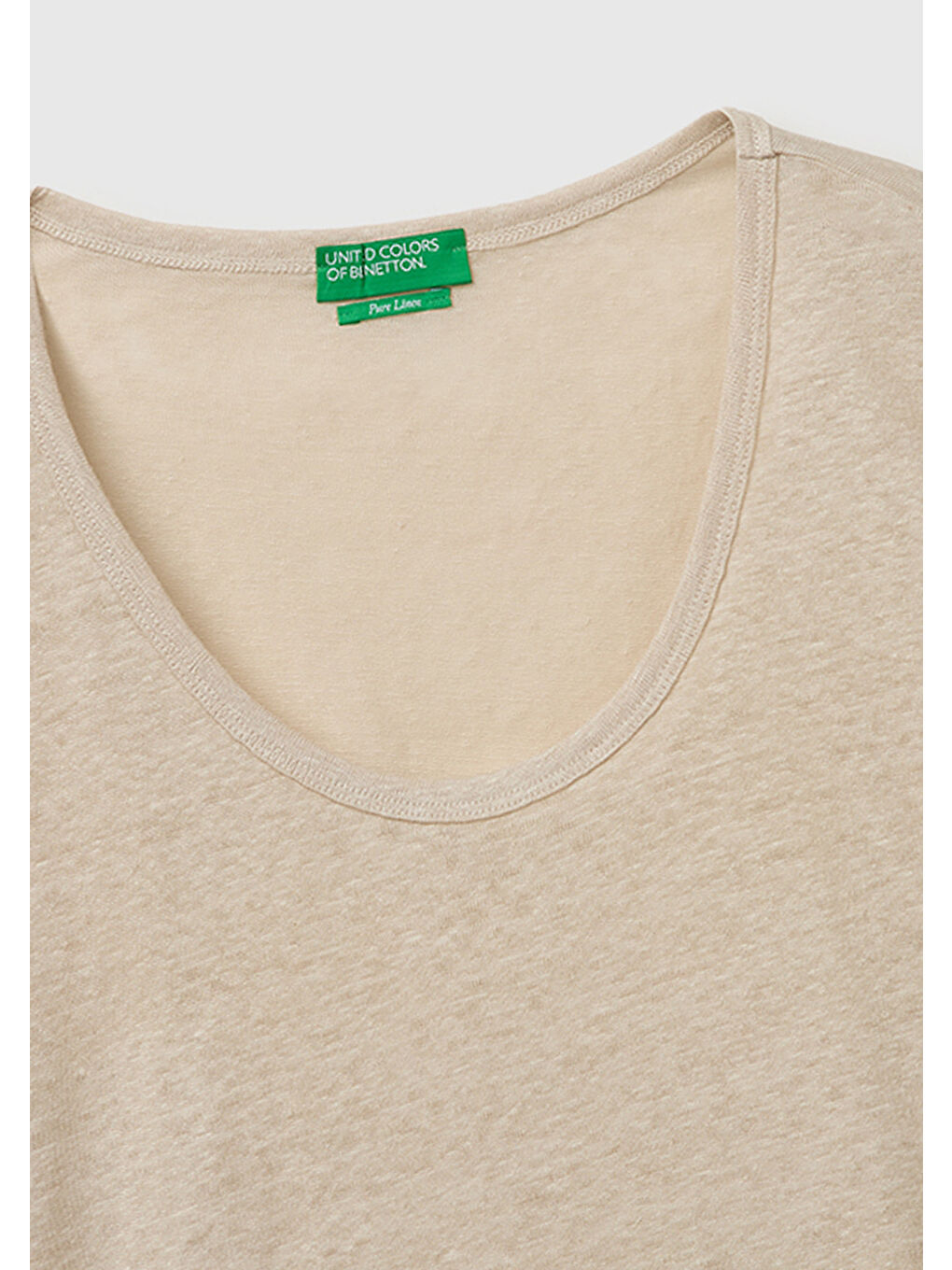 Bej Kadın Taş %100 Keten Geniş Yaka Kısa Kollu T-Shirt-2