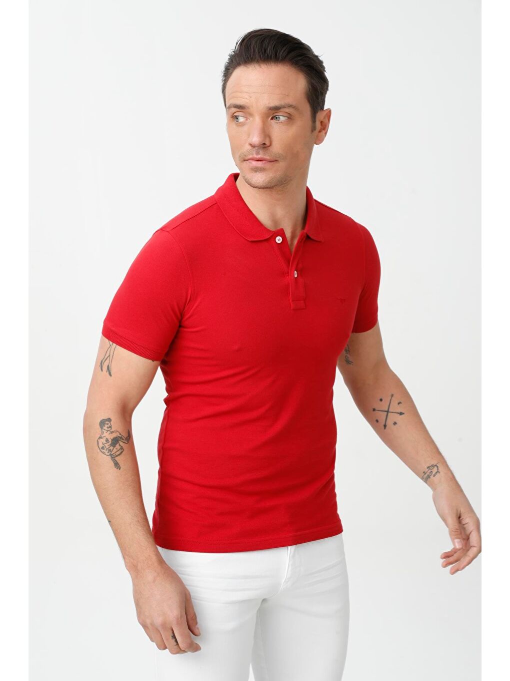 Kırmızı Modern Fit Dar Kalıp Polo Yaka Düz Kısa Kollu Pamuklu Tişört