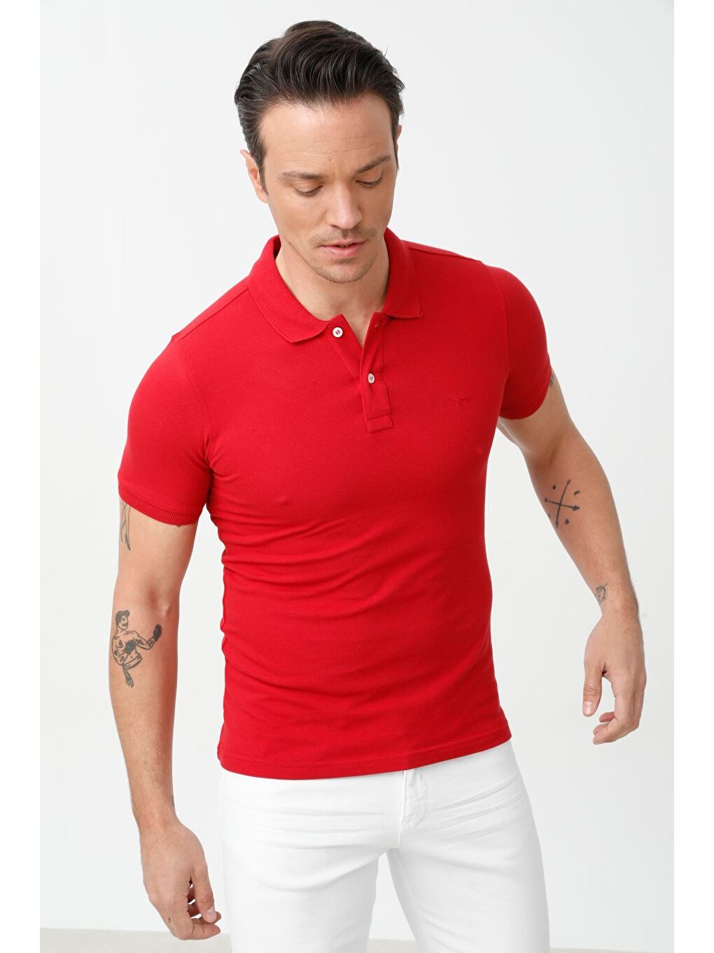 Kırmızı Modern Fit Dar Kalıp Polo Yaka Düz Kısa Kollu Pamuklu Tişört-1