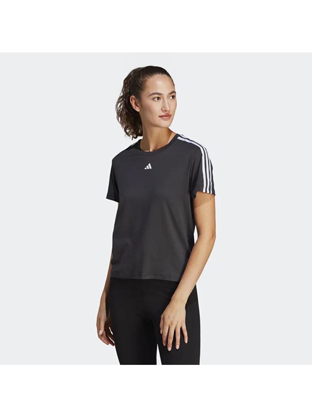 Adidas Siyah Train Essentials 3 Stripes Aeroready Kadın Siyah Bisiklet Yaka Tişört