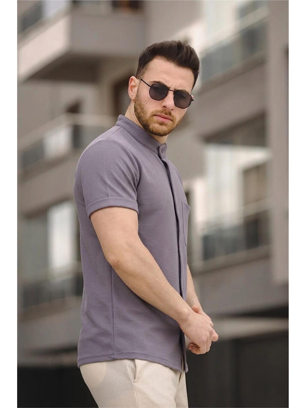 Antrasit Dennie Tek Cep Gizli Düğmeli Waffle Kumaş Slim Kısa Kol Hakim Yaka Erkek Gömlek-1