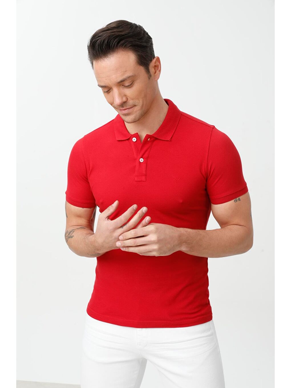 Kırmızı Modern Fit Dar Kalıp Polo Yaka Düz Kısa Kollu Pamuklu Tişört-3