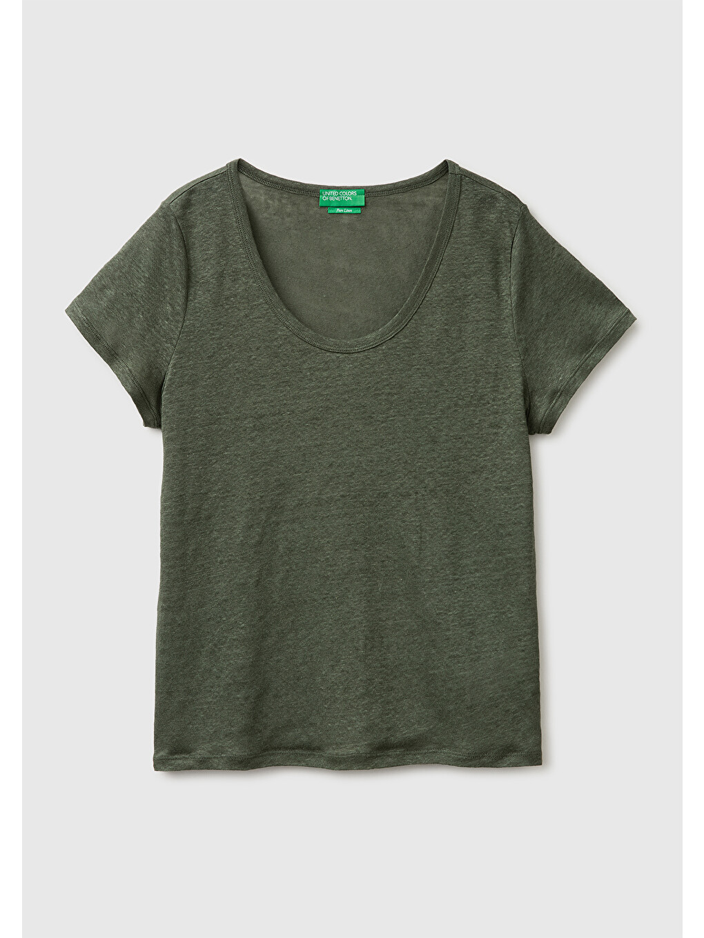 Kadın Haki %100 Keten Geniş Yaka Kısa Kollu T-shirt