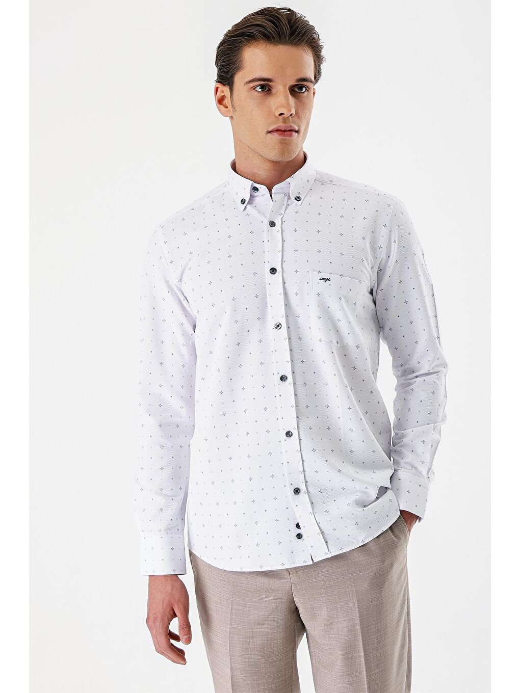 Beyaz Uzun Kollu Baskılı Armürlü Düğmeli Yaka Cepli Pamuklu Comfort Fit Gömlek 1004235166-2