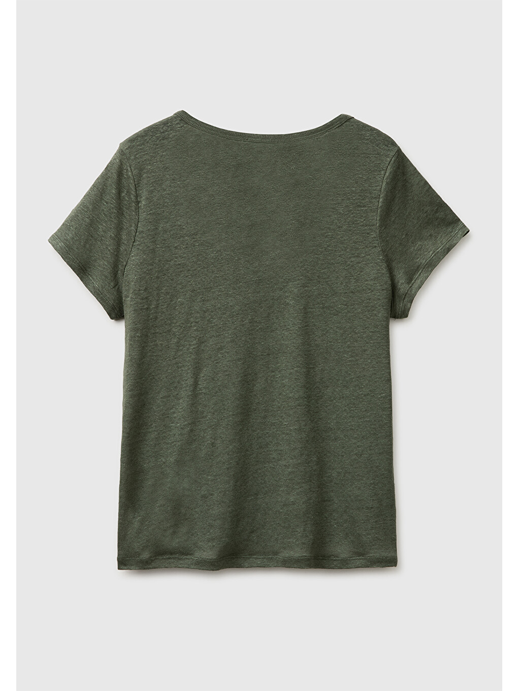 Kadın Haki %100 Keten Geniş Yaka Kısa Kollu T-shirt-1