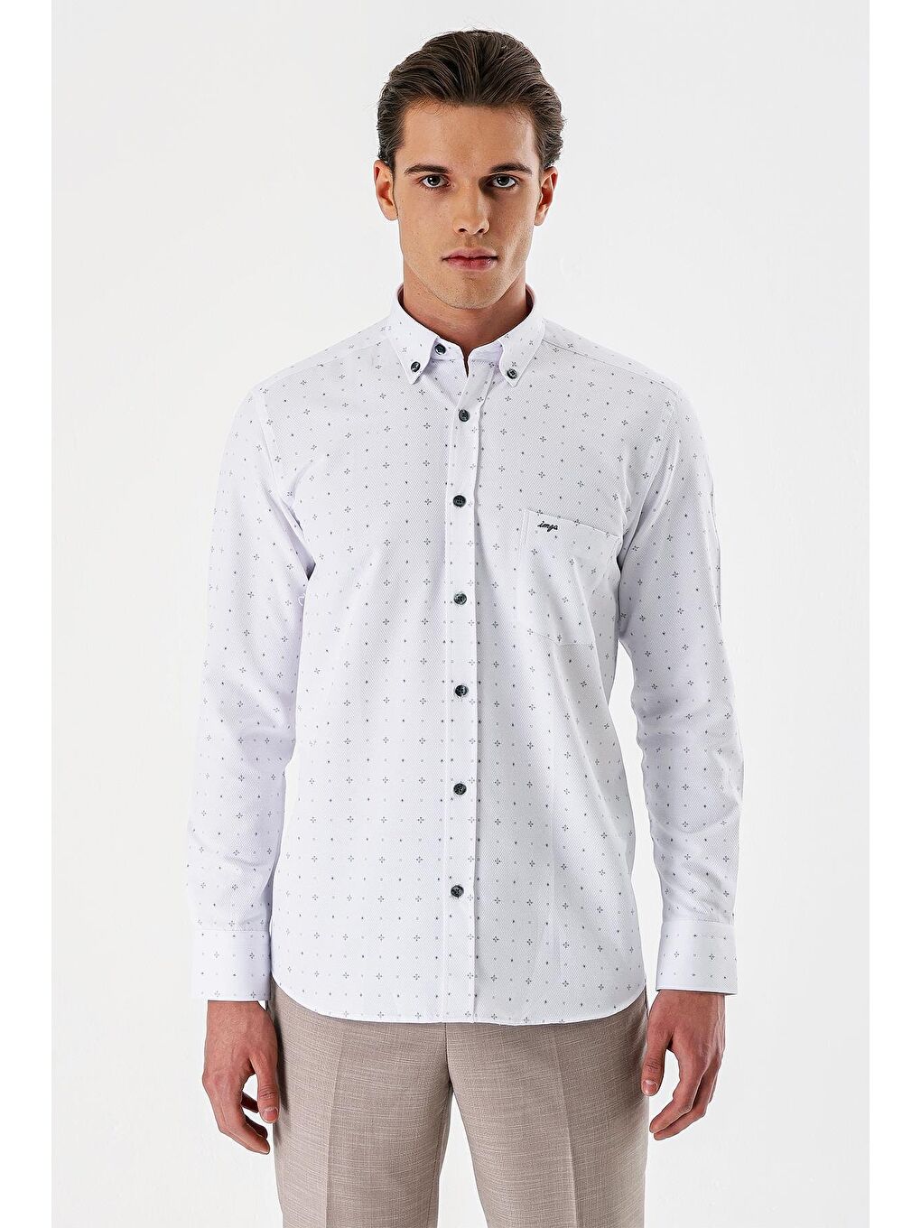 Beyaz Uzun Kollu Baskılı Armürlü Düğmeli Yaka Cepli Pamuklu Comfort Fit Gömlek 1004235166-3