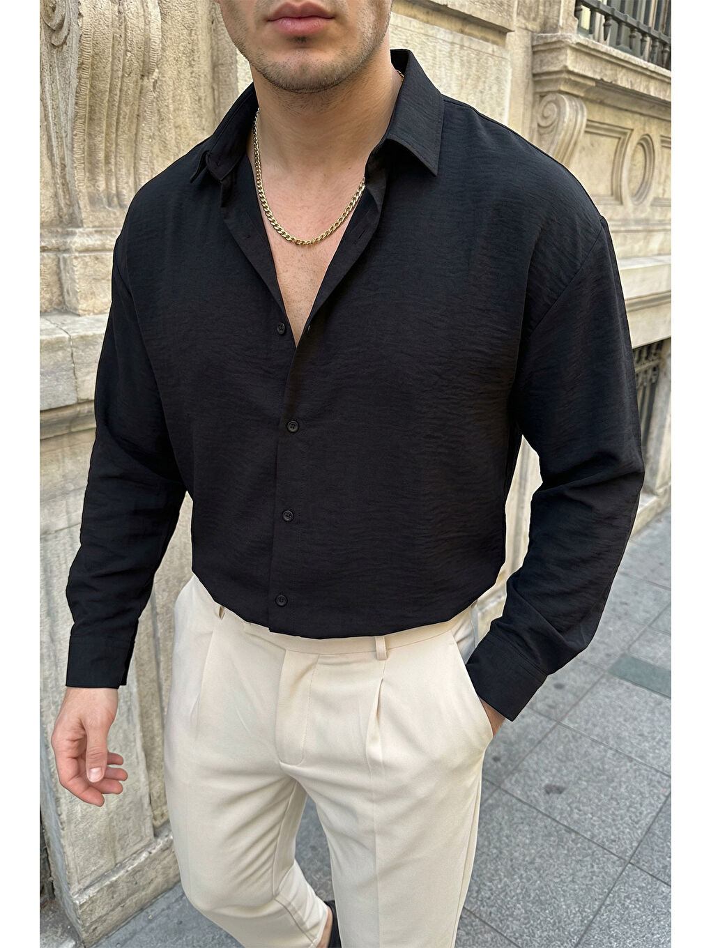 Siyah Somin Premium Erkek Oversize Keten Görünümlü Gömlek
