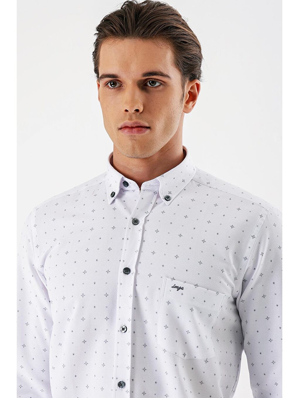 Beyaz Uzun Kollu Baskılı Armürlü Düğmeli Yaka Cepli Pamuklu Comfort Fit Gömlek 1004235166-5