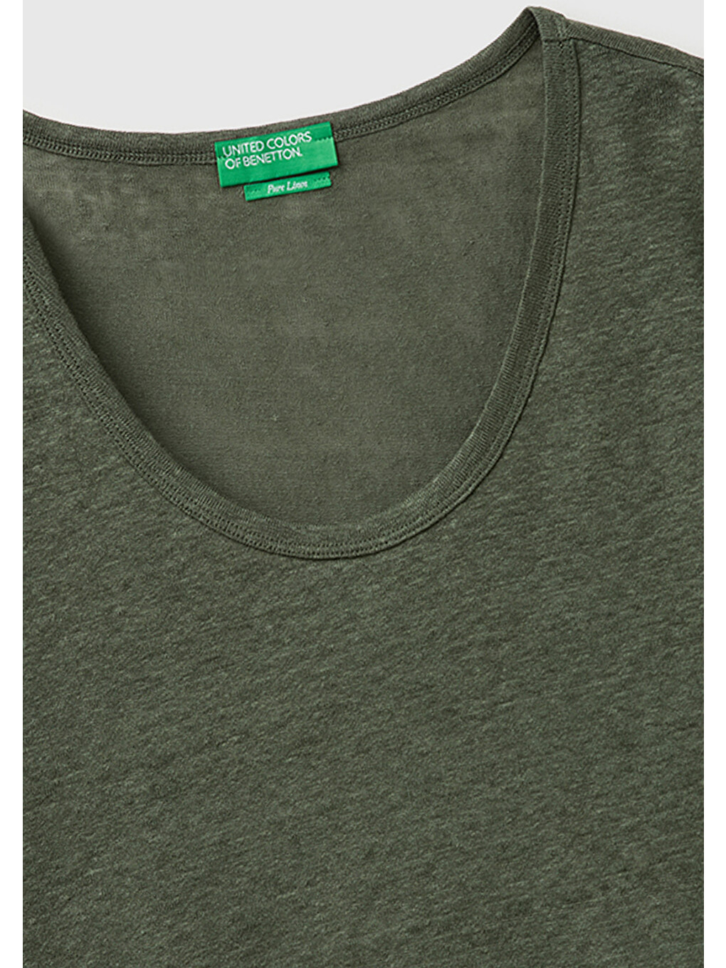 Kadın Haki %100 Keten Geniş Yaka Kısa Kollu T-shirt-2