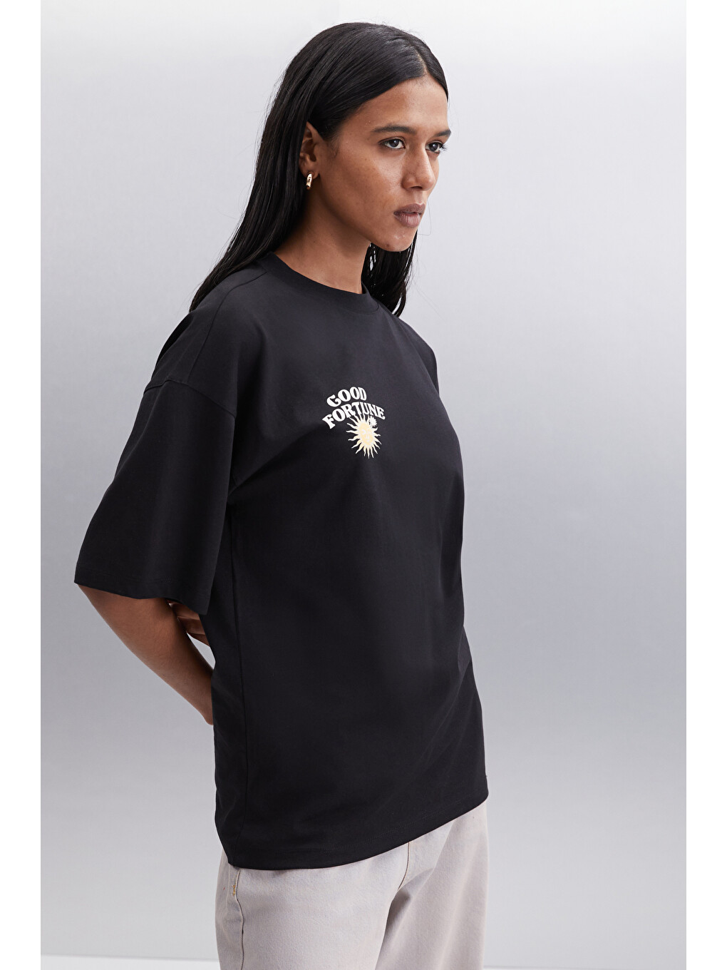 Enya Kadın Baskı Detaylı Oversize Fit Bol Kesim Bisiklet Yakalı %100 Organik Pamuklu Siyah T-shirt-3