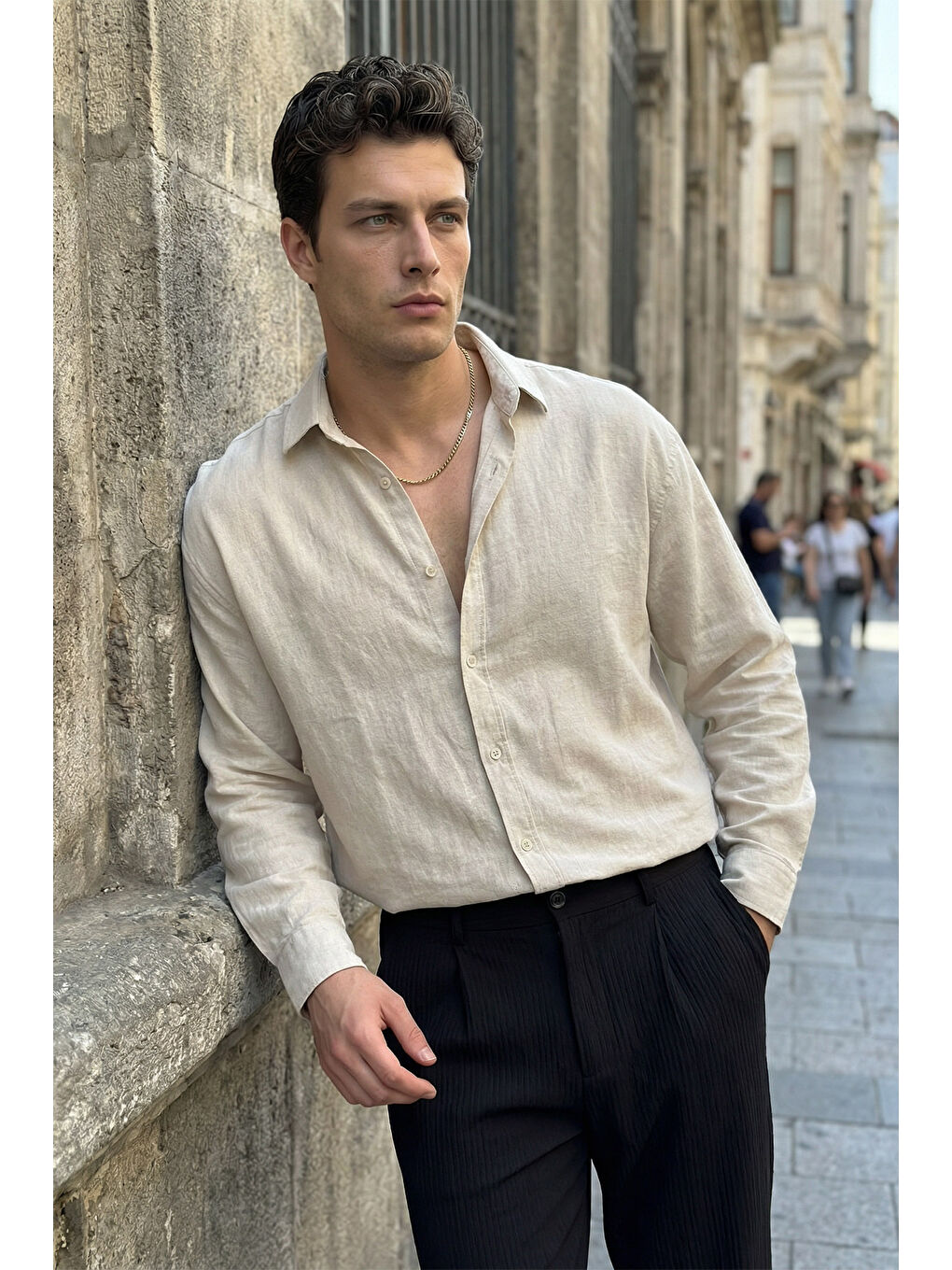 Bej Somin Premium Erkek Oversize Keten Görünümlü Gömlek