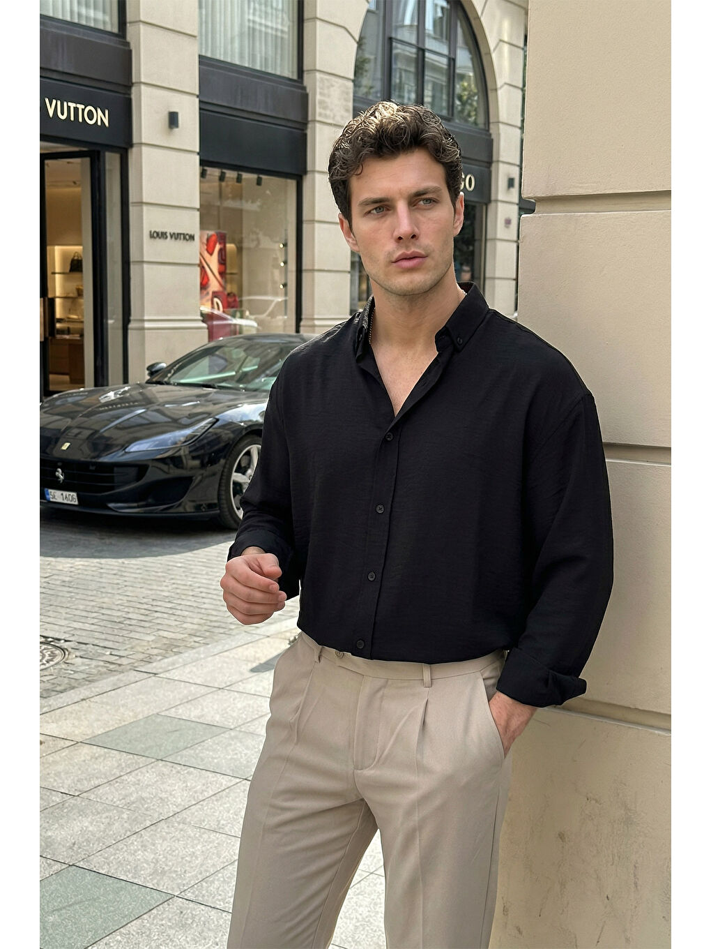 Siyah Somin Premium Erkek Oversize Keten Görünümlü Gömlek-1