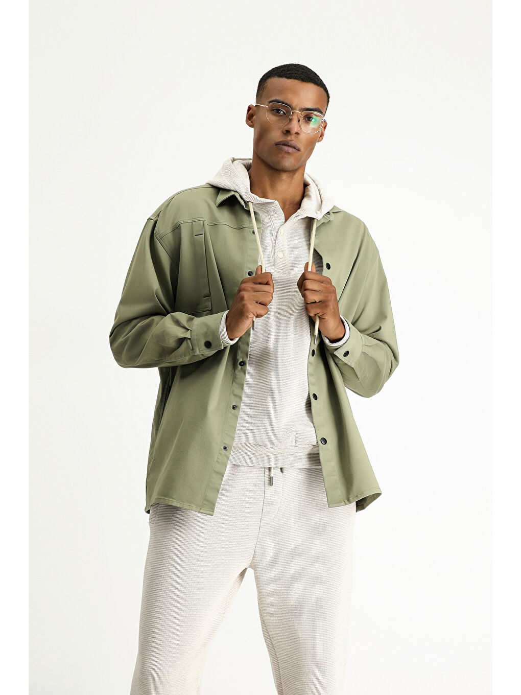 Haki Uzun Kol Oversize Pamuklu Utility Gömlek / Mont-2