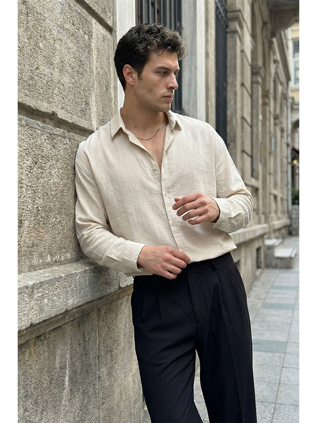 Bej Somin Premium Erkek Oversize Keten Görünümlü Gömlek-1
