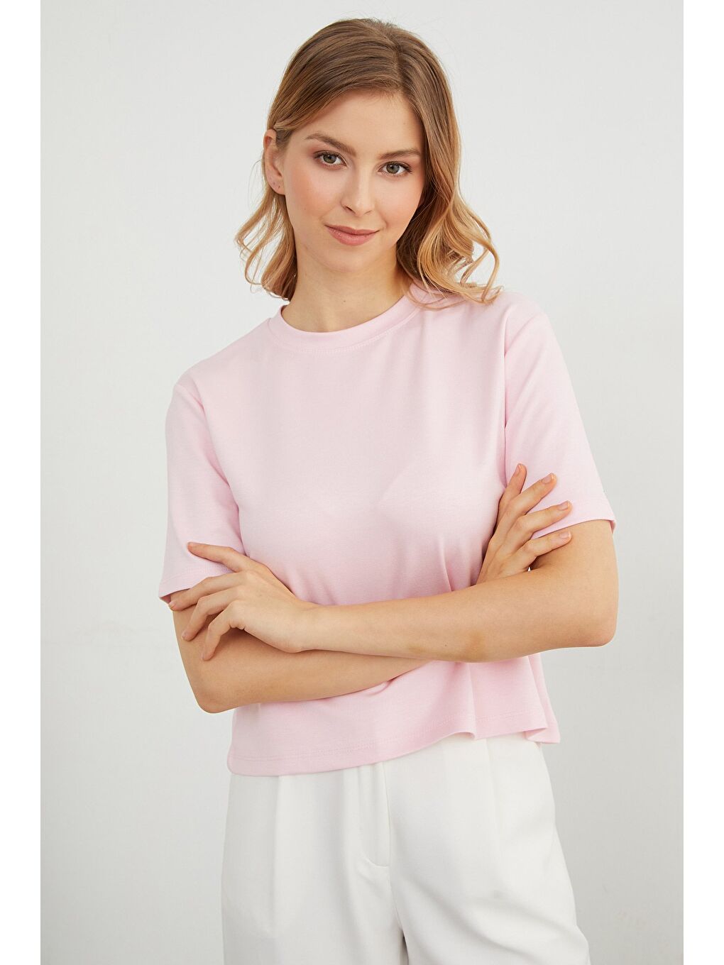 Pembe Basic Bisiklet Yaka Modal Tişört-2