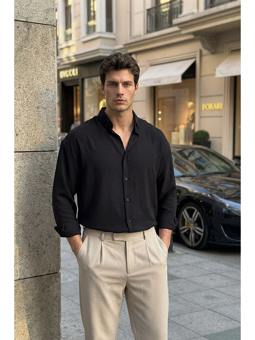 Siyah Somin Premium Erkek Oversize Keten Görünümlü Gömlek-2