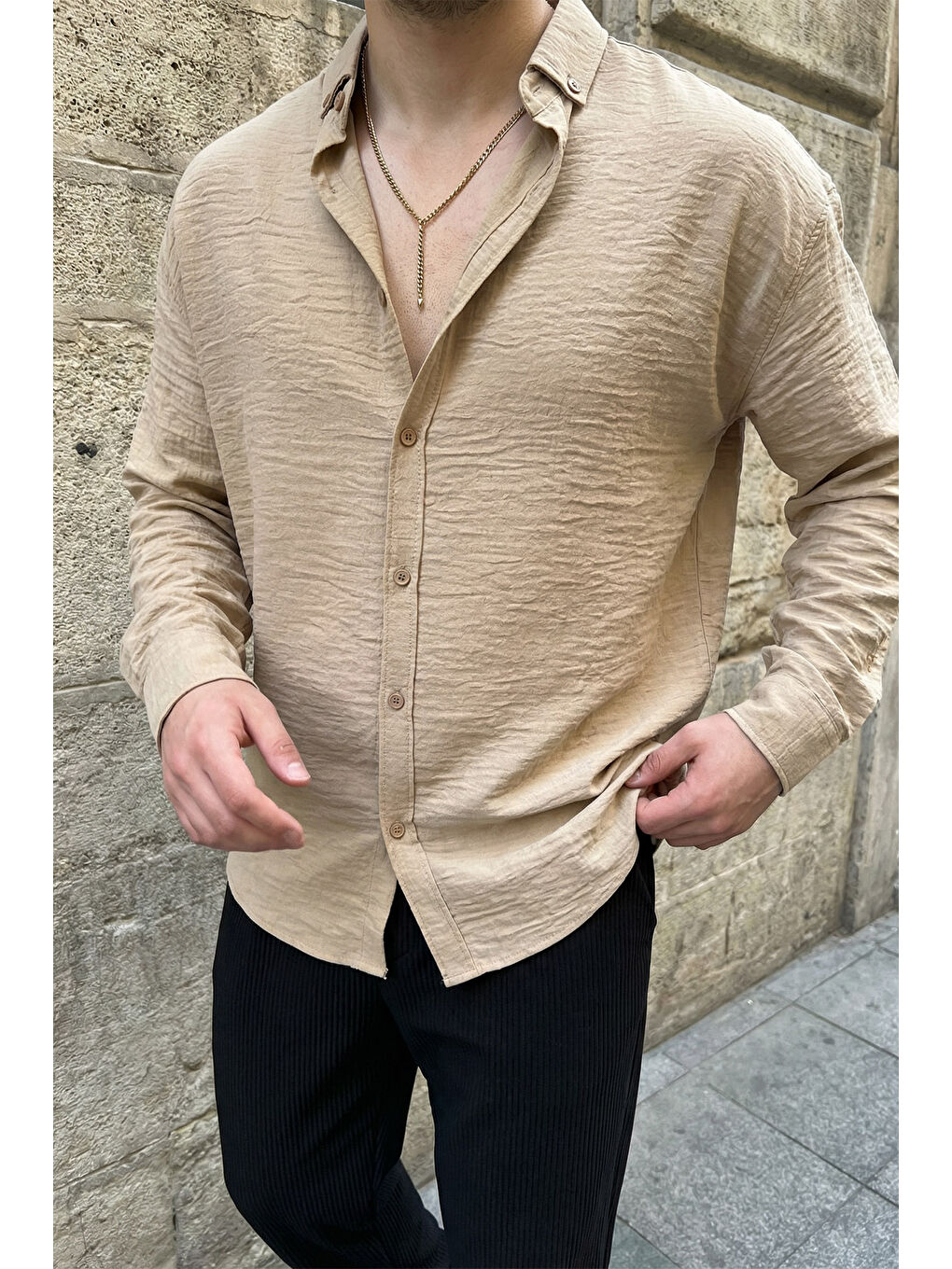 Bej Somin Premium Erkek Oversize Keten Görünümlü Gömlek-2