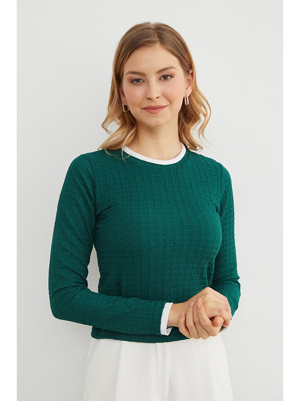 Yeşil Bürümcük Kumaş Biyeli Bluz-1