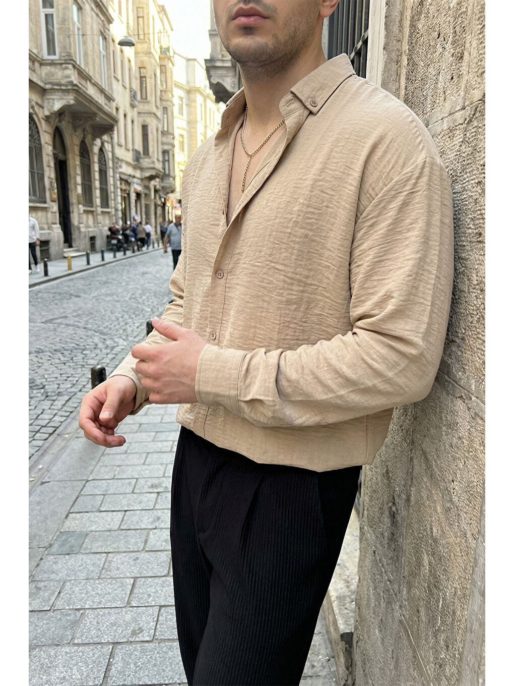 Bej Somin Premium Erkek Oversize Keten Görünümlü Gömlek-3