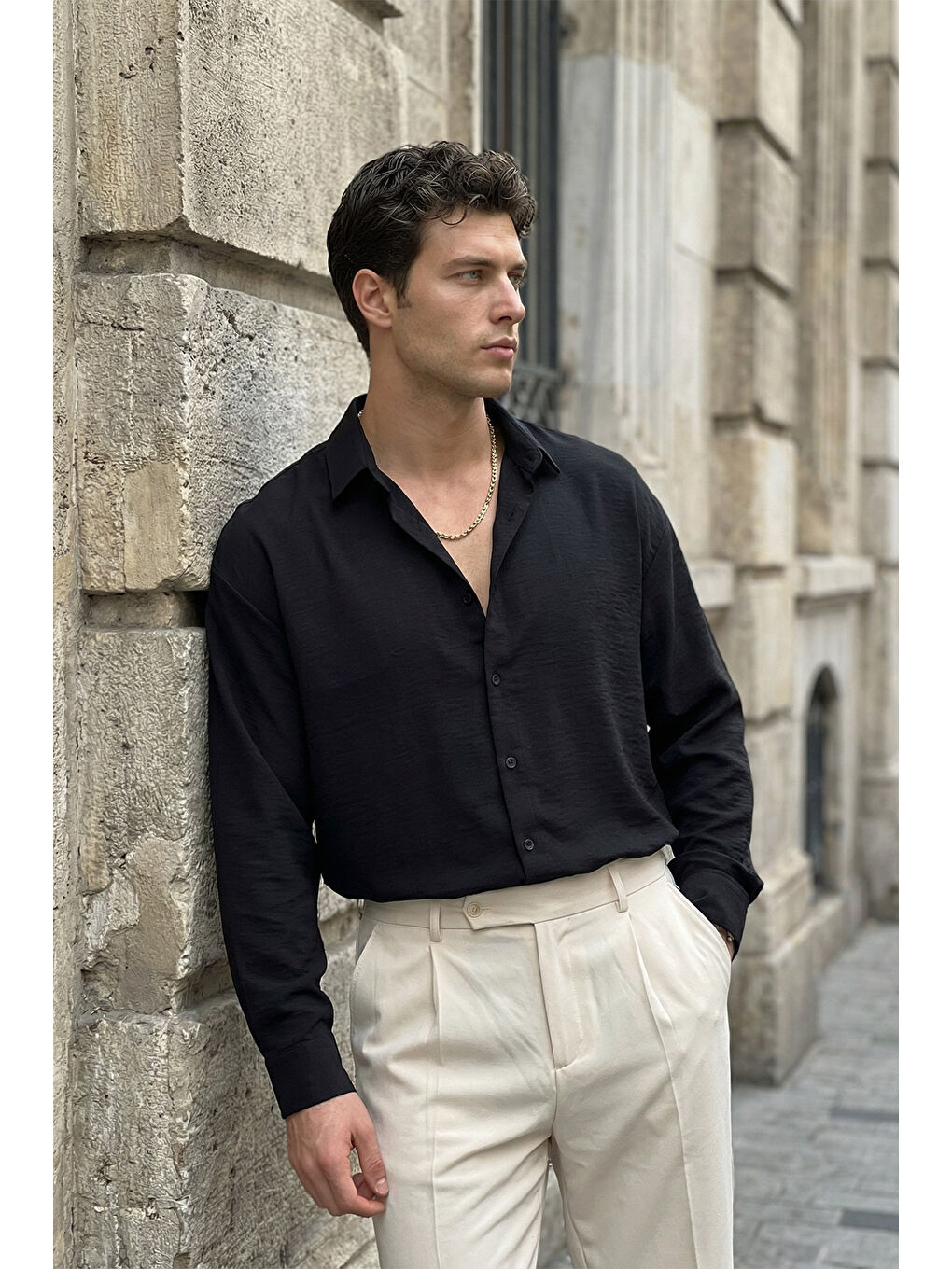 Siyah Somin Premium Erkek Oversize Keten Görünümlü Gömlek-4